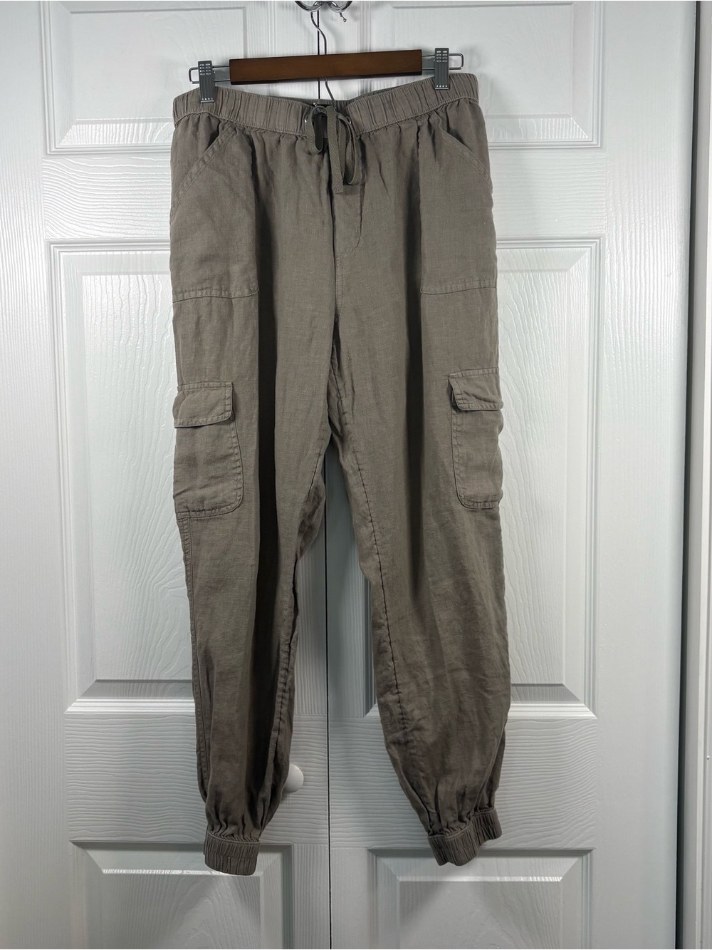 Nicole Miller New York 100% Linen Cargo Jogger Pants Large Taupe